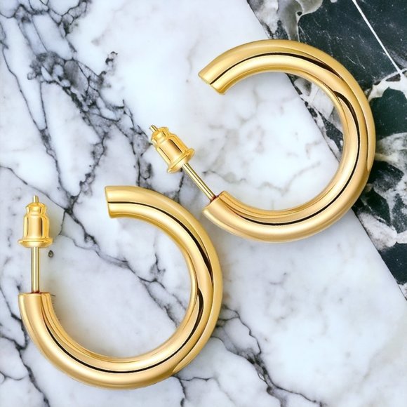 Chunky Gold Hoop Earrings 14K Real Gold Plated Hypoallergenic Posts Lightweight - Picture 2 of 6